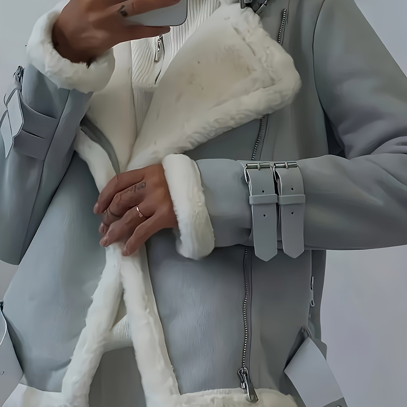 Women's Brown PU Leather Bomber Jacket with White Faux Fur Trim – Zip-Up Motorcycle Style, All-Season Casual Coat