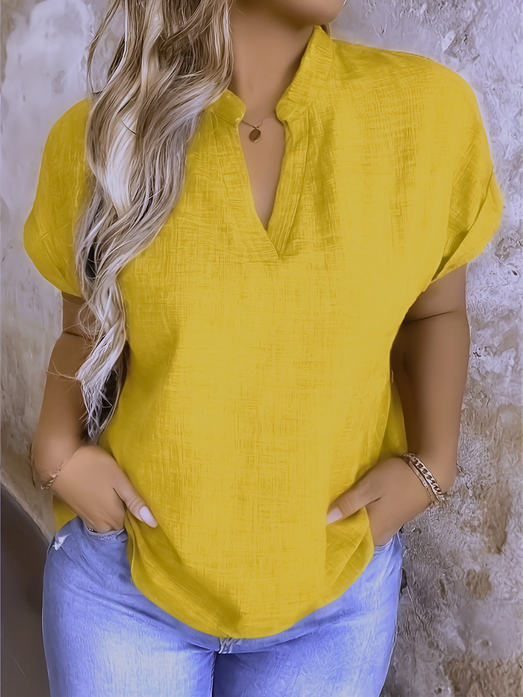 Women's V-Neck Blouse with Stand Collar – Lightweight Yellow Regular Fit Casual Top, 100% Polyester, Machine Washable