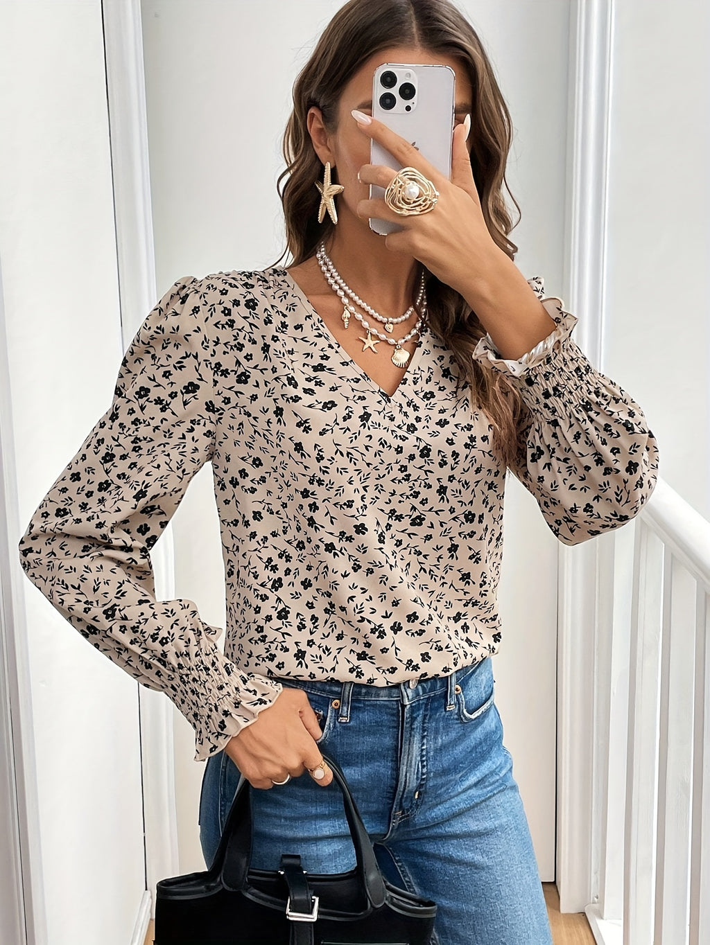 Women's Elegant V-Neck Long Sleeve Floral Blouse – All-Season Relaxed Fit Non-See-Through Top