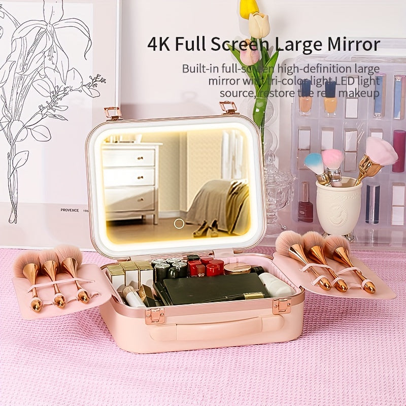 LED Lighted Rechargeable Travel Makeup Train Case with Mirror — Cosmetic Organizer for Women, USB Charging, 2000mAh