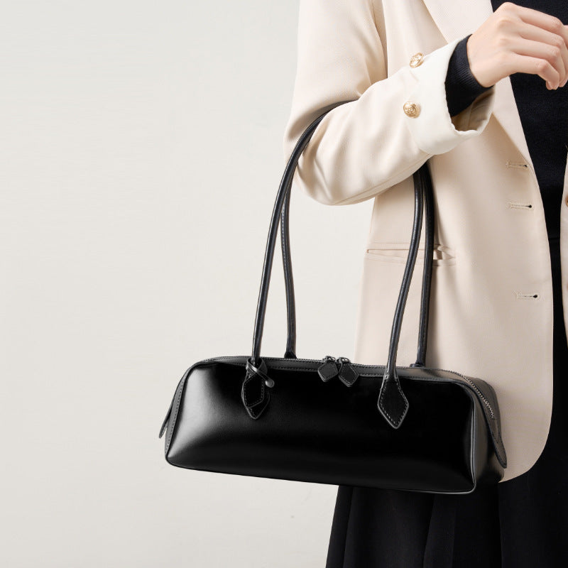 Women's Large Capacity Cowhide Baguette Shoulder Bag, Split Leather Handbag with Zipper and Adjustable Crossbody/Underarm Strap, Gold Hardware