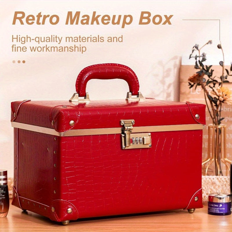 Retro Leather-Look Makeup Train Case with Combination Lock — 12.5 in (32 cm) Red Crocodile Cosmetic Organizer