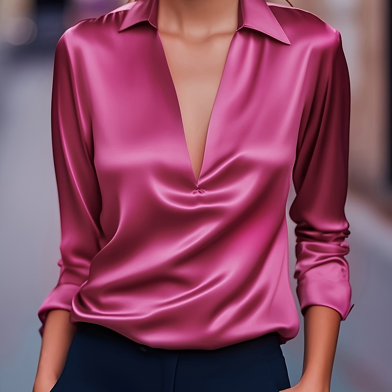 Silvery Satin V-Neck Blouse for Women, Long Sleeve Button-Front Satin Shirt, Elegant Smooth Finish