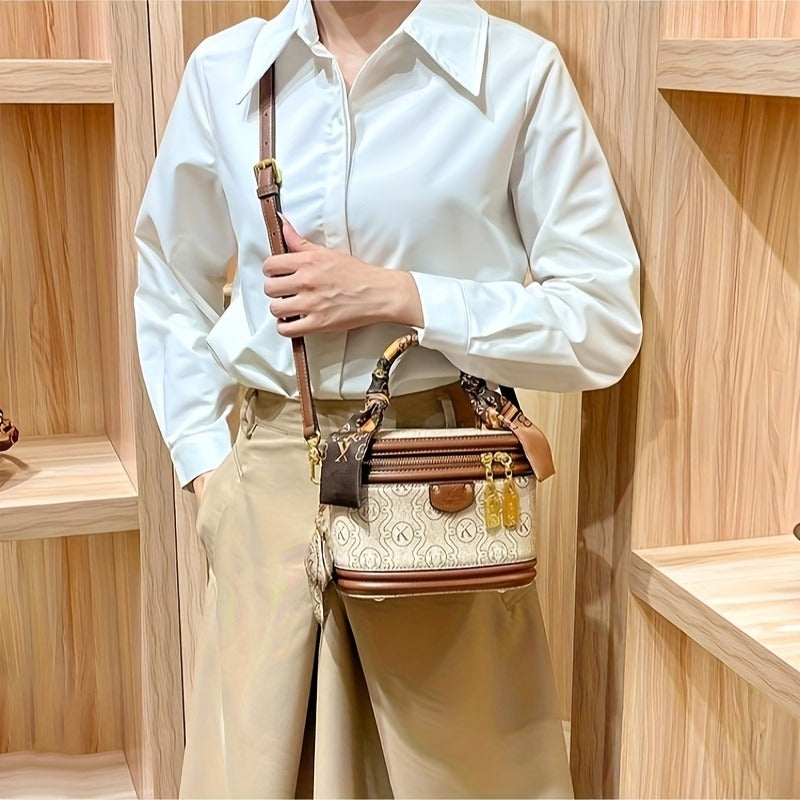 Women's Beige PVC Bucket Handbag with Gold-Tone Hardware, Detachable Chain Accent, Adjustable Crossbody Shoulder Strap, Zipper Tote Purse for Weddings & Parties