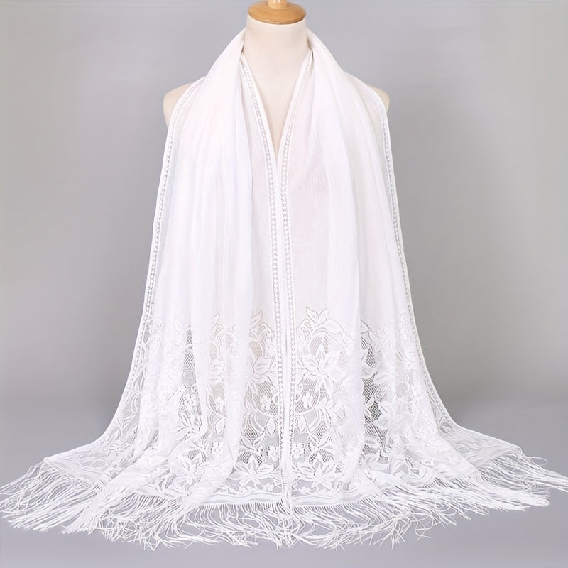 Lace Bridal Shawl – Embroidered Wedding Scarf with Tassels, Windproof Head Wrap & Church Veil