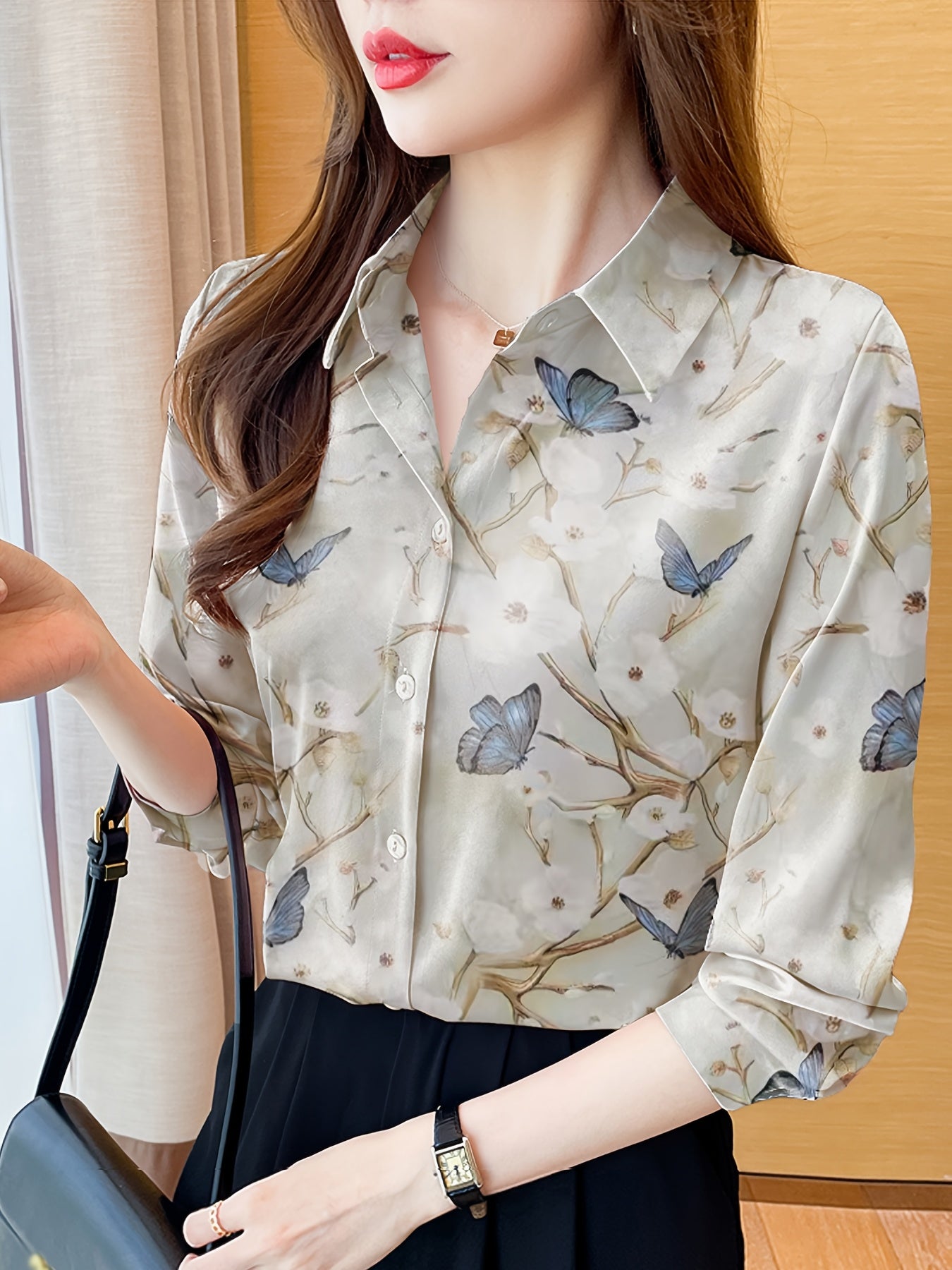 Women's Floral and Butterfly Print Long Sleeve Polo Blouse - Turnover Lapel Collar Single-Breasted Casual Top for Spring/Fall