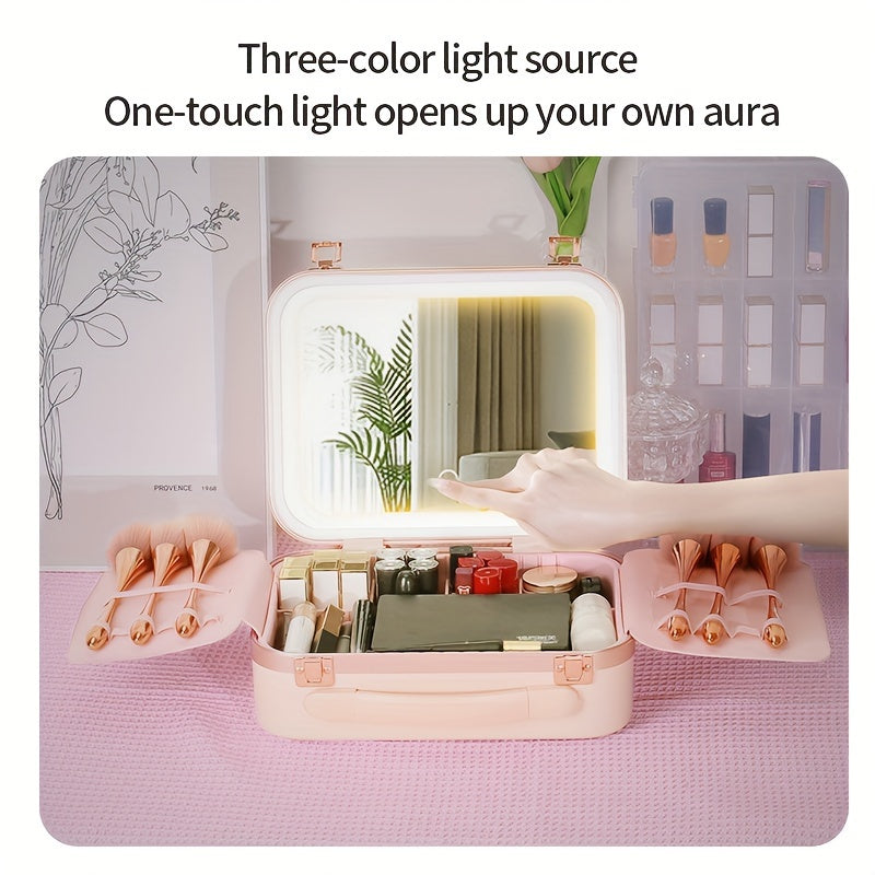 LED Lighted Rechargeable Travel Makeup Train Case with Mirror — Cosmetic Organizer for Women, USB Charging, 2000mAh