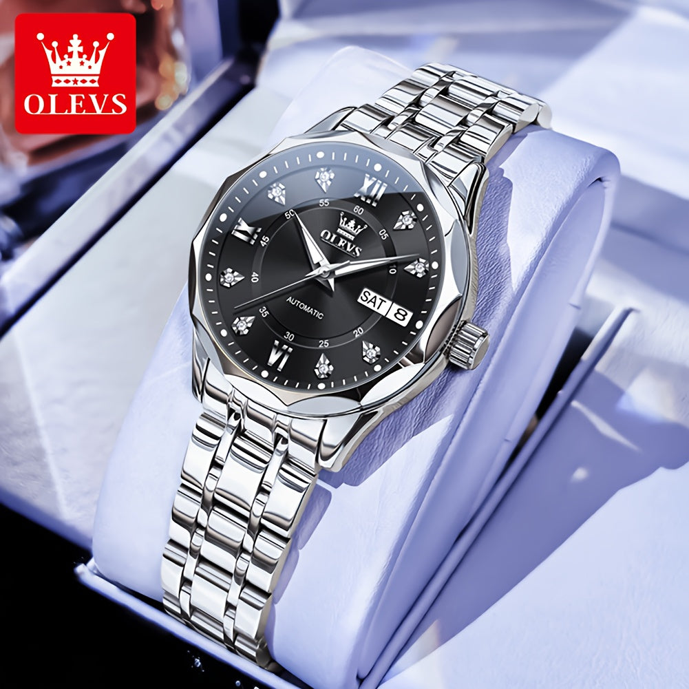 OLEVS Women's Automatic Mechanical Watch - Stainless Steel Dual Calendar Luminous Rectangular Case