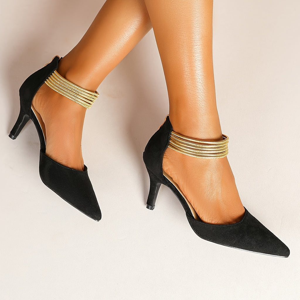 Elegant Women's Pointed Toe Stiletto Heels with Gold Belt Accent & Back Zipper