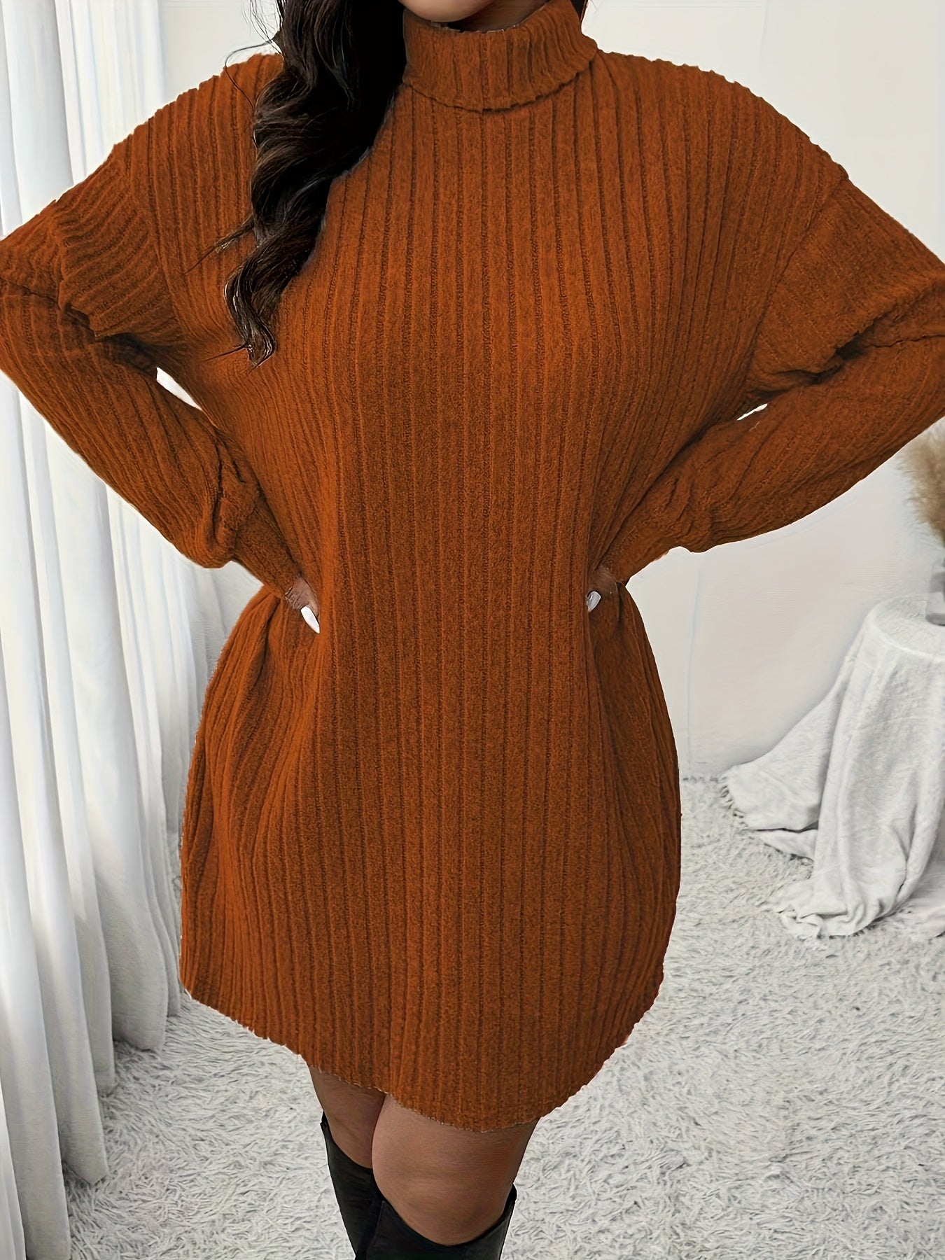 Plus Size High Neck Ribbed Knit Dress Long Sleeve Knee-Length Casual Winter Dress