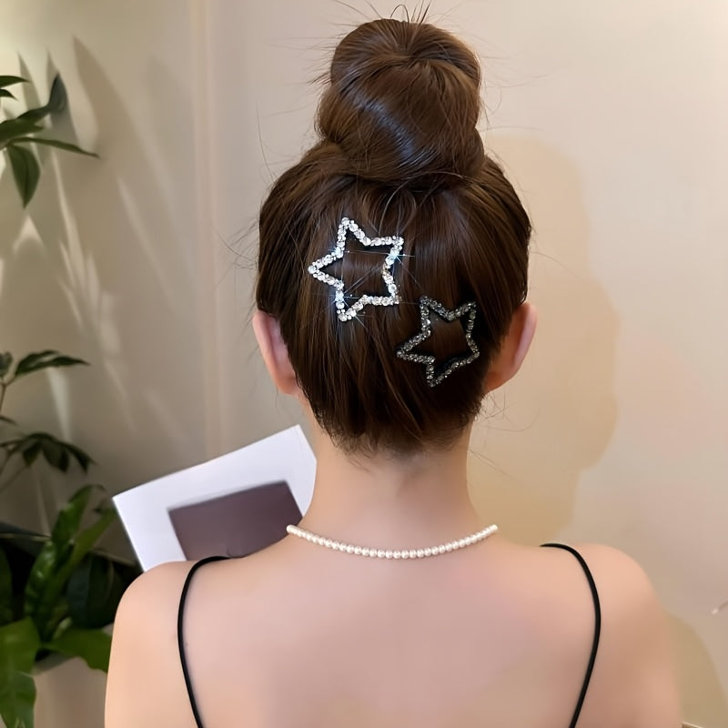 2-Pack Rhinestone Star Hair Clips - Five-Pointed BB Clips for Bangs & Side Hair, Elegant Minimalist Hairpins, Gift for Eid & Ramadan