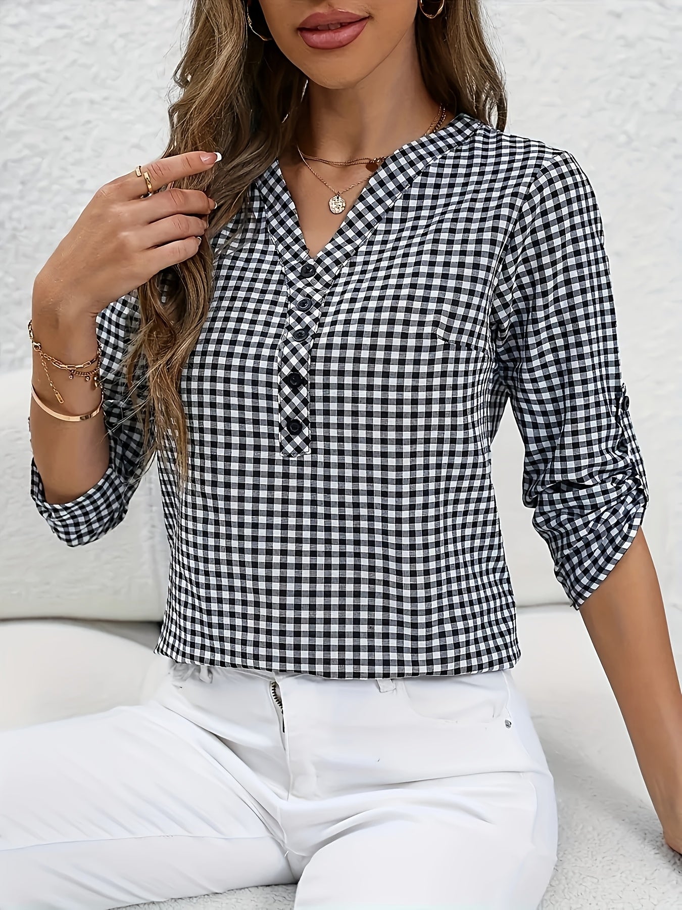 Women's Polyester V-Neck Plaid Blouse with Button Detail and Roll-Up Sleeves, Casual Spring Summer Fall Top