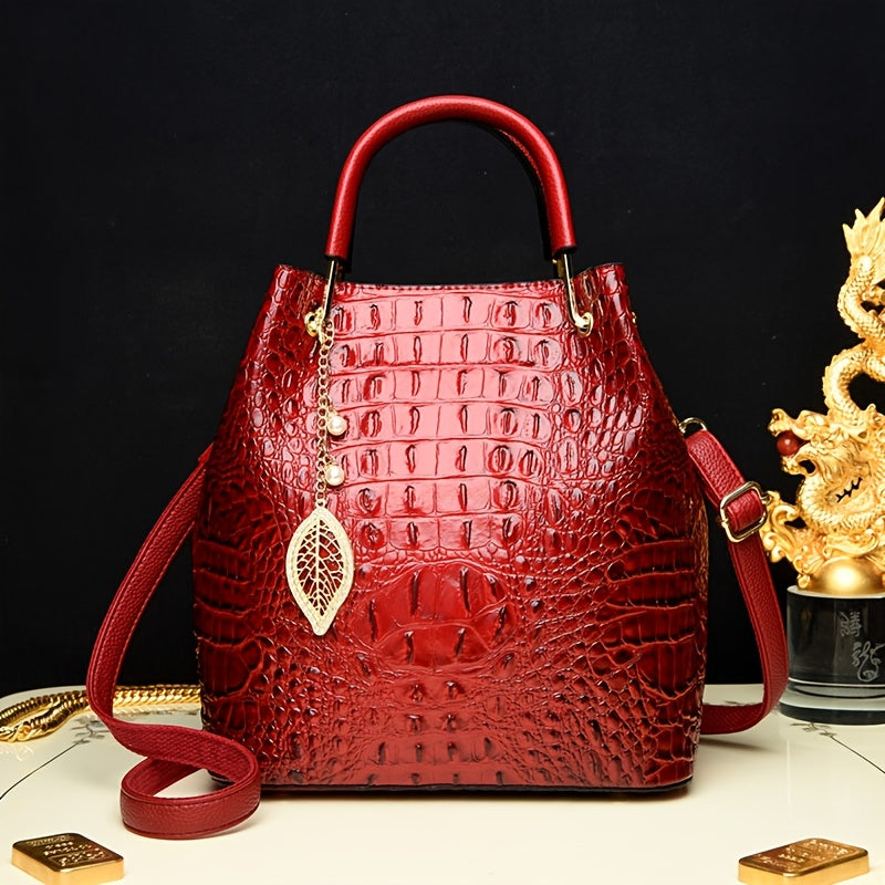 Women's Minimalist Crocodile PU Bucket Bag – Zipper Closure, Removable Strap Hand & Shoulder Bag (White, Red)