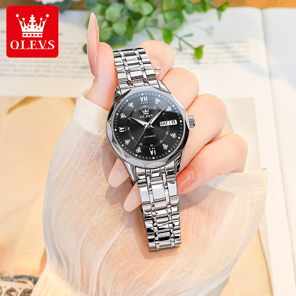 OLEVS Women's Automatic Mechanical Watch - Stainless Steel Dual Calendar Luminous Rectangular Case