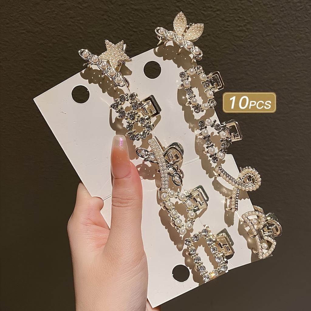 10-Pack Small Rhinestone Mini Hair Clips - Alloy Bow Hair Grippers for Bangs, Korean Princess Style