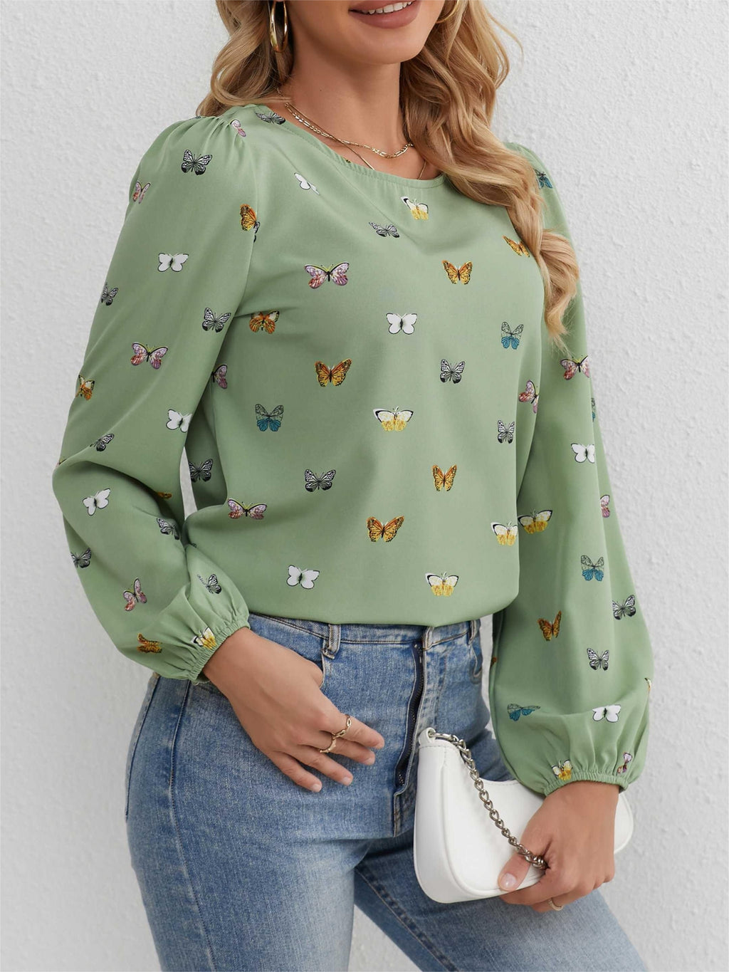Women's Light Green Butterfly Print Blouse Long Sleeve Ruffle Crew Neck Top for Spring Summer Fall