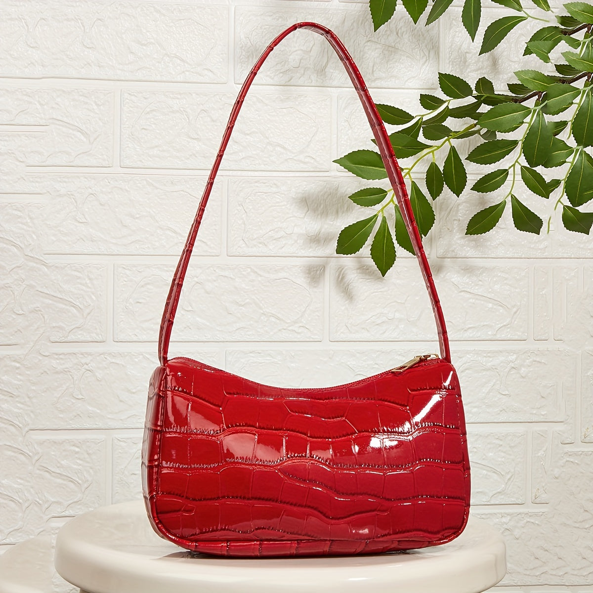 Golden Crocodile-Embossed Shoulder Baguette Bag for Women, Metallic Underarm Purse — Chic Everyday & Mother's Day Gift