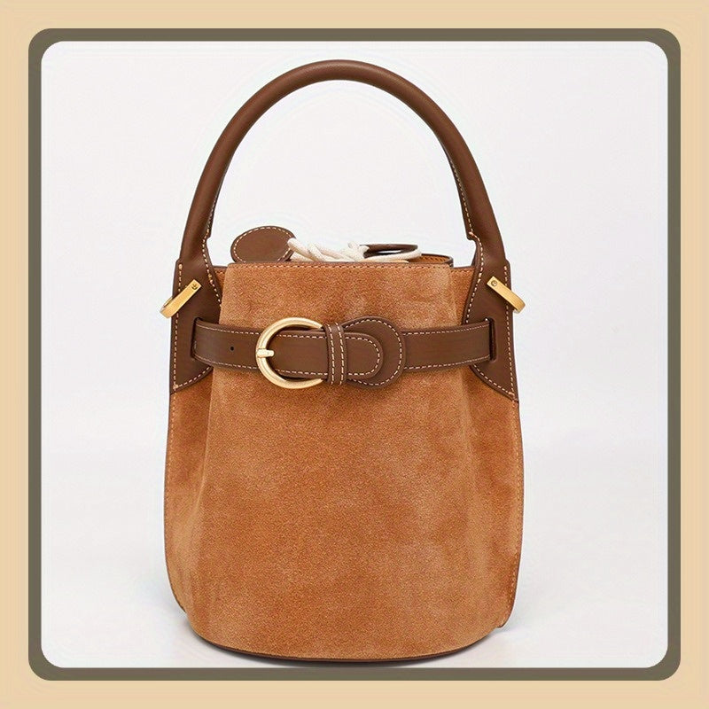 Genuine Leather Bucket Bag for Women - Convertible Handheld & Crossbody with Adjustable Strap, Drawstring Closure, Gold-Tone Hardware, Textured Luxury (Beige, Pink, Purple, Chocolate)