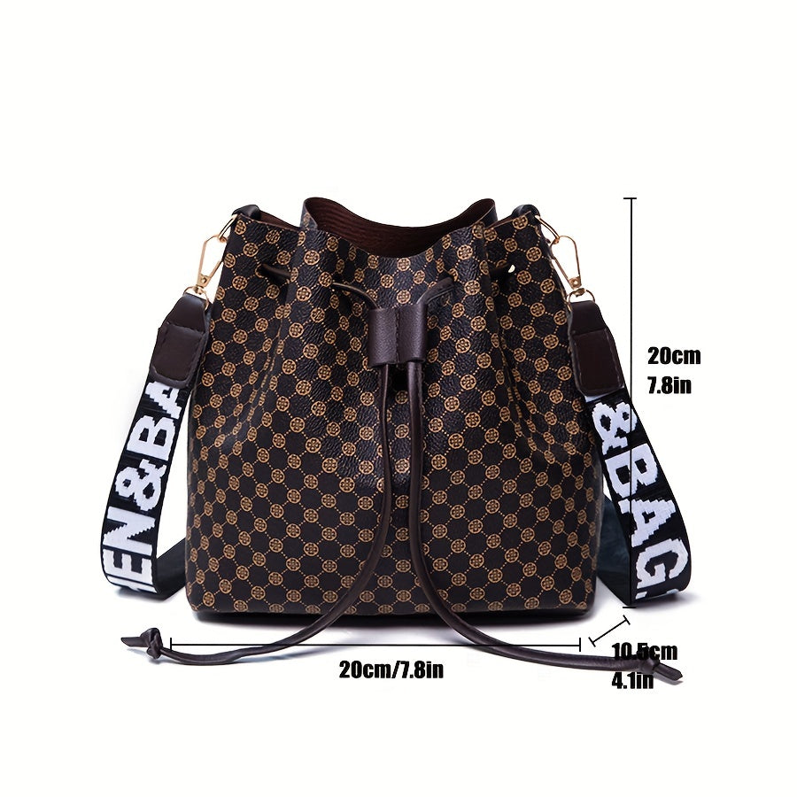 Women's PU Bucket Bag - Large Capacity Drawstring Crossbody & Shoulder Bag with Geometric Print