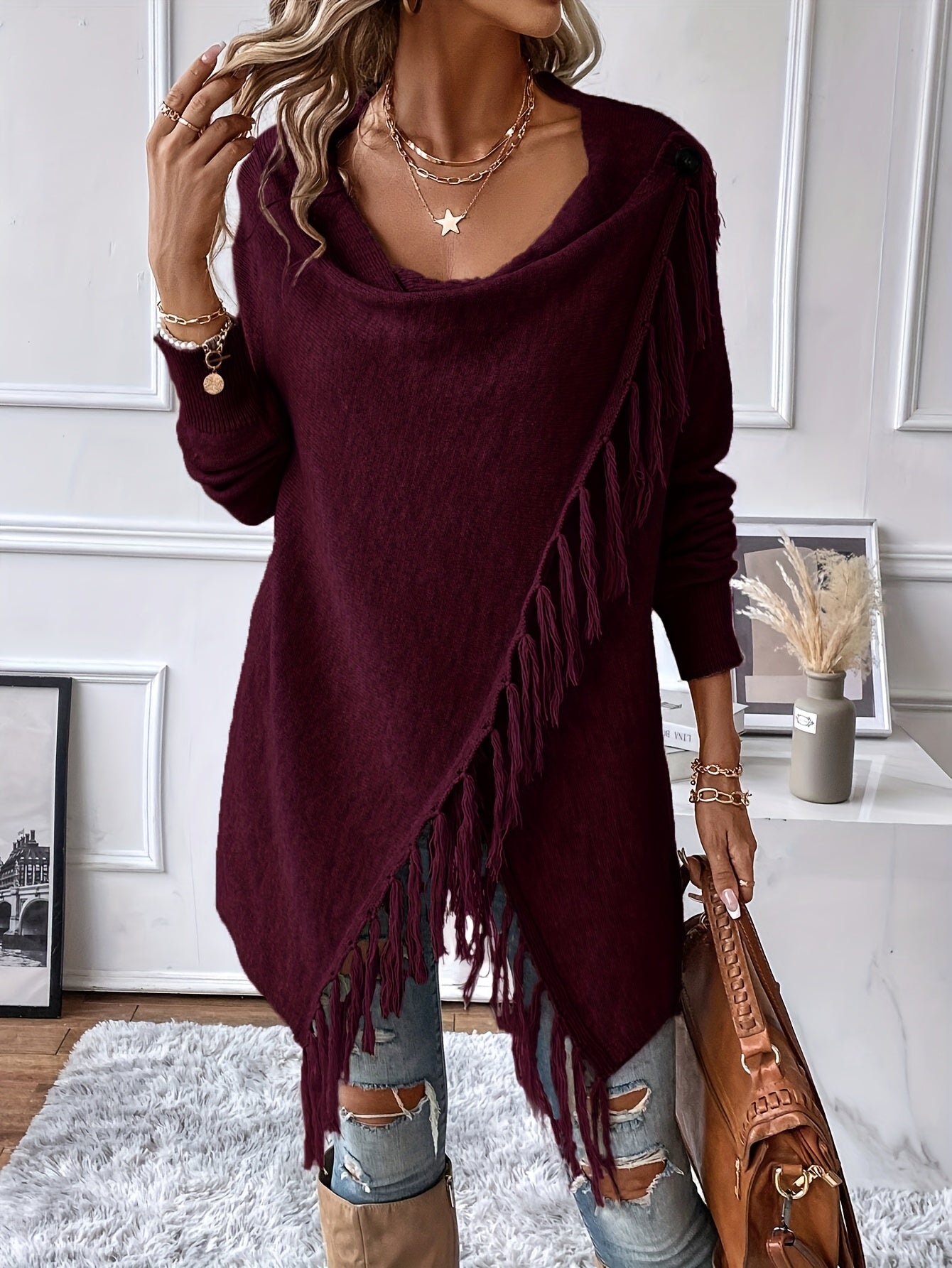 Women's Fringe Tassel Draped Neckline Shawl Wrap - Knit Polyester Fall/Winter