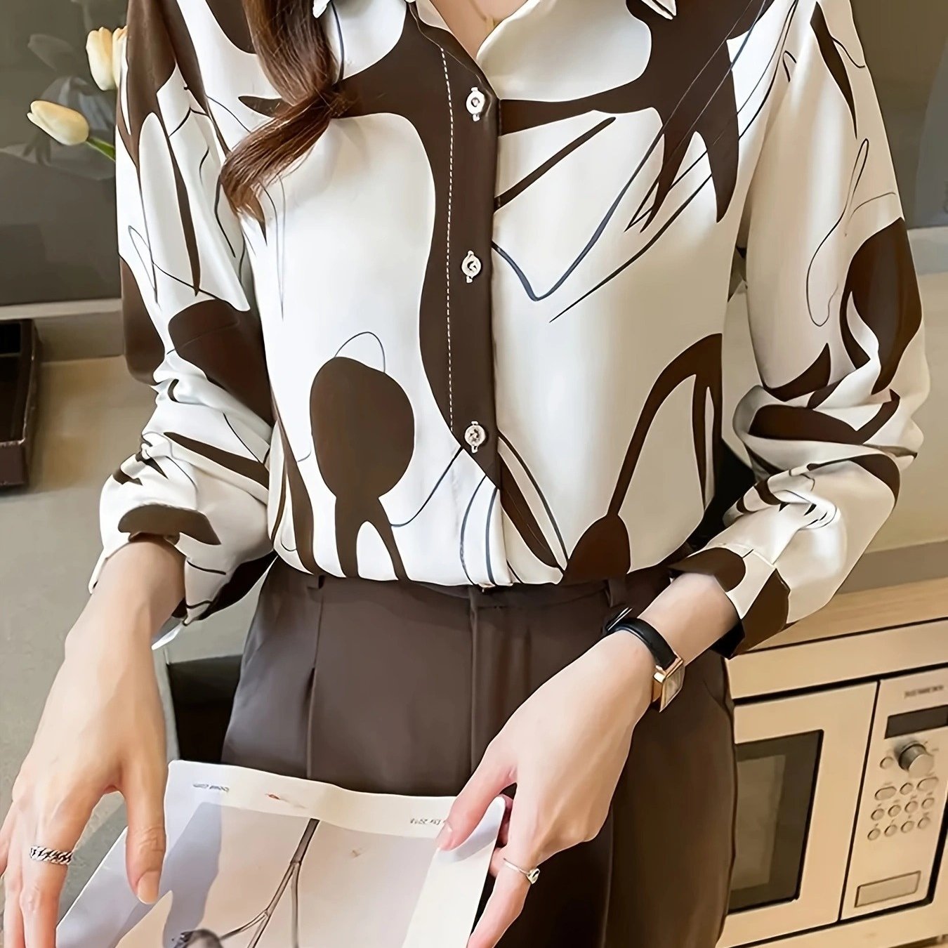 Women's Abstract Geometric Print Long Sleeve Shirt - Elegant Brown White Beige Woven Top, Machine Washable