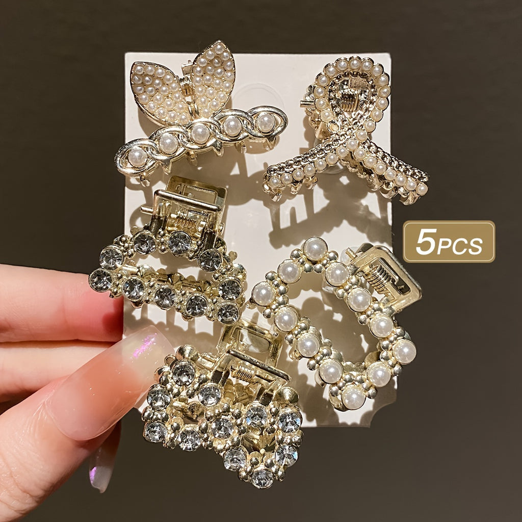 5-Pack Gold-Tone Hair Clips for Girls & Women - Geometric Heart & Butterfly Designs with Faux Pearls & Crystals