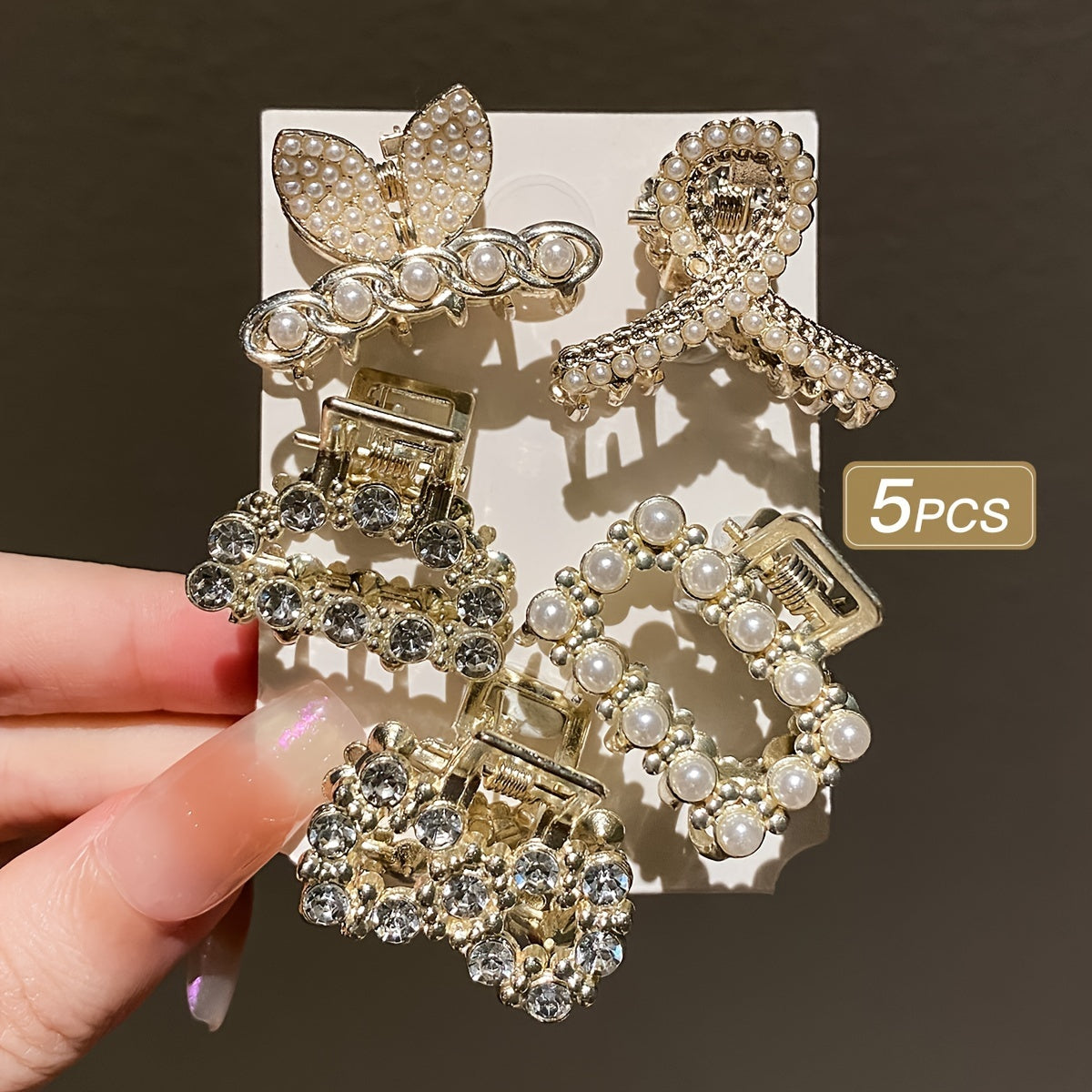 5-Pack Gold-Tone Hair Clips for Girls & Women - Geometric Heart & Butterfly Designs with Faux Pearls & Crystals