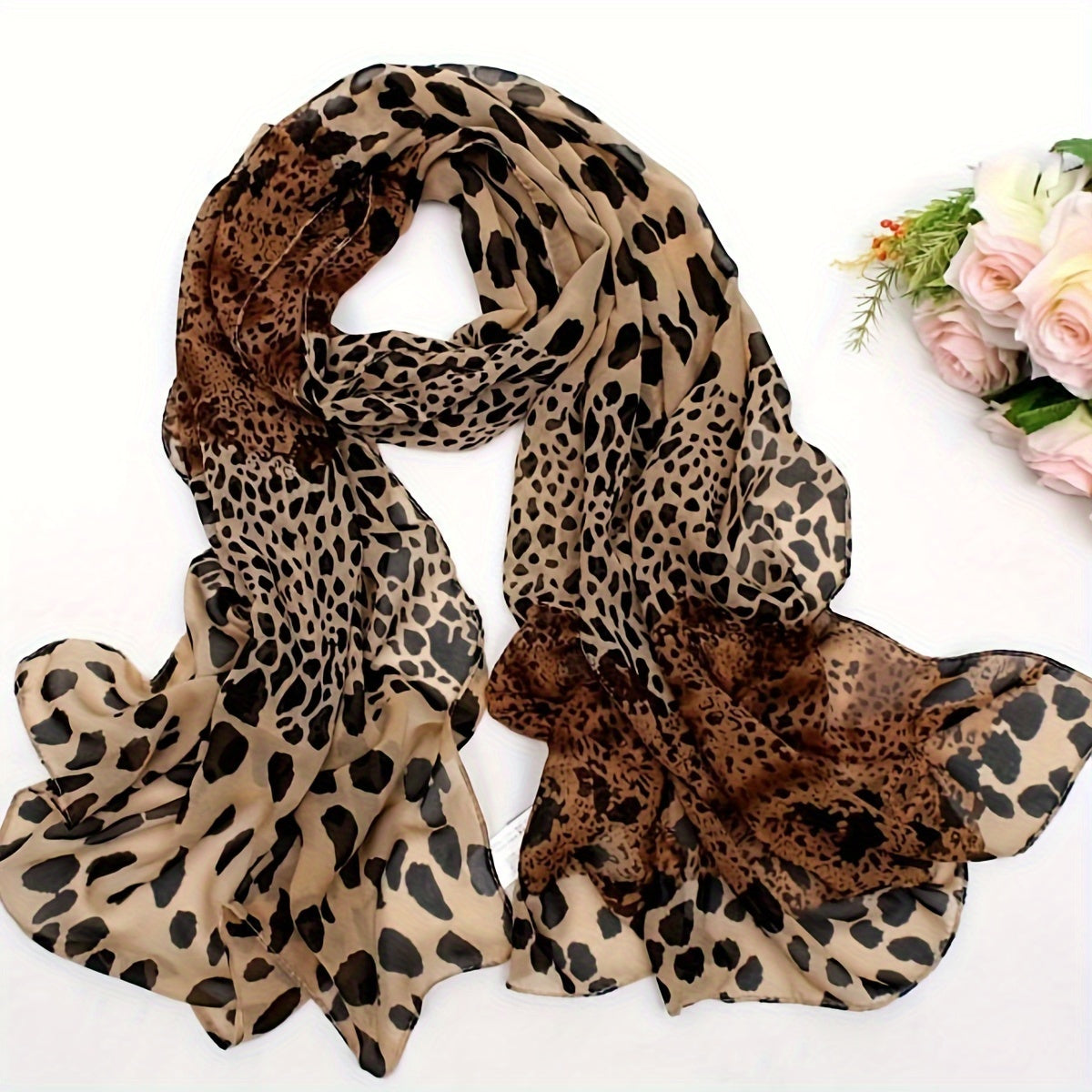 Boho Leopard Print Chiffon Scarf for Women - 100% Polyester Lightweight Shawl & Head Wrap for Travel, Beach, Going Out