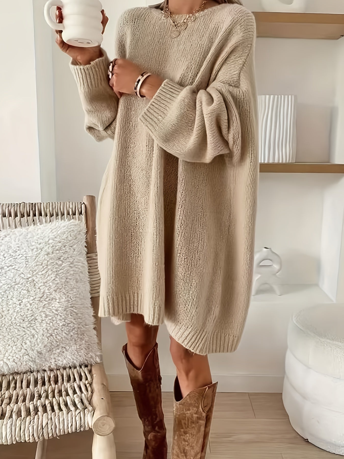 Plus Size Oversized Sweater Dress - Soft Beige Long Knit Pullover Coat, Crew Neck, Relaxed Fit, Machine Washable