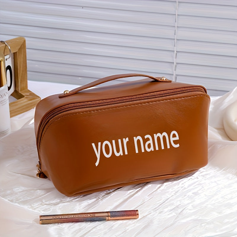 Embroidered Personalized Large Capacity Makeup Bag - Travel Toiletry Organizer with Zipper & Top Handle (Black, Brown, Pink)
