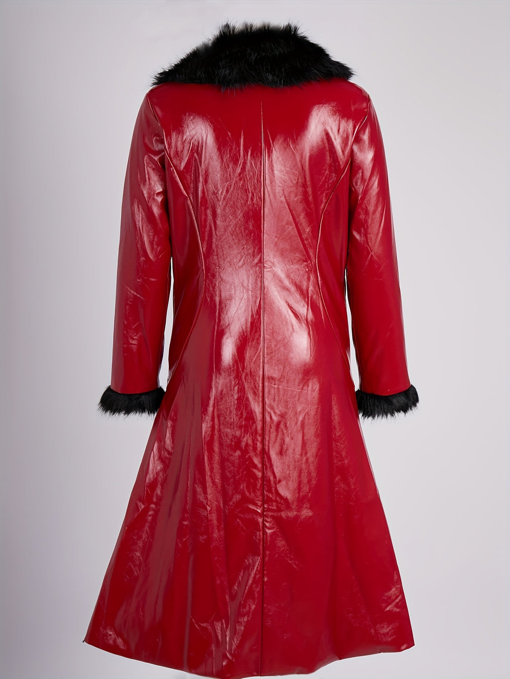 Women's Red PU Leather Long Coat with Black Faux Fur Collar & Cuffs – Regular Fit X-Line Single-Breasted Winter Jacket with Pockets, Vintage Biker Casual