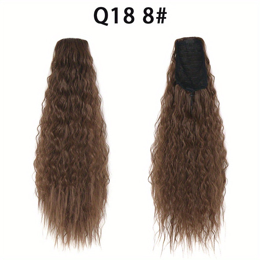 22-inch (56 cm) Water Wave Drawstring Ponytail - Synthetic Clip-In Curly Hair Extension for Women, Natural Black