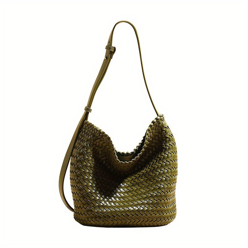 Handmade Woven Bucket Bag for Women - Large Capacity Single-Shoulder Crossbody Tote