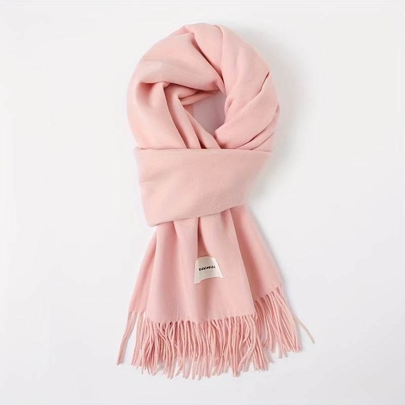 Solid Color Tassel Scarf with Fringe - Lightweight Polyester Shawl for Women