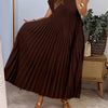 Women's Pleated A-Line Maxi Dress — Navy Blue Short Sleeve Crew Neck Loose Fit, Vacation & Seasonal Wear