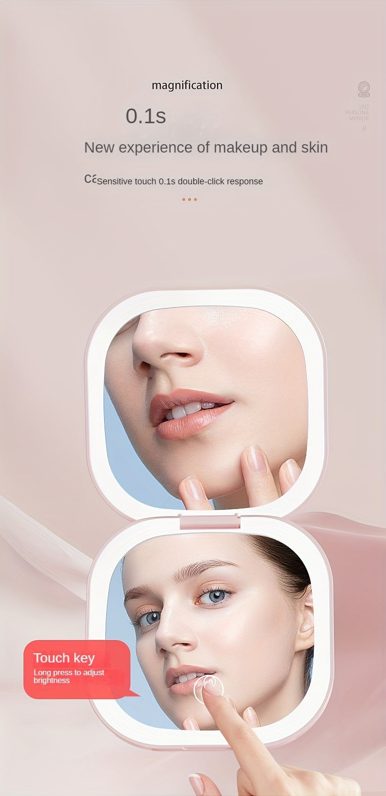 Foldable LED Travel Makeup Mirror - Double-Sided 1X/2X/3X Magnification, Adjustable Brightness, Rechargeable USB Pocket Mirror