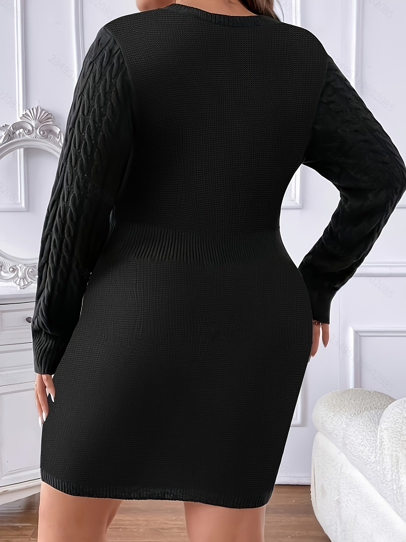 Plus Size Ribbed Bodycon Midi Dress with Belt, Long Sleeve Crew Neck Holiday Party Dress