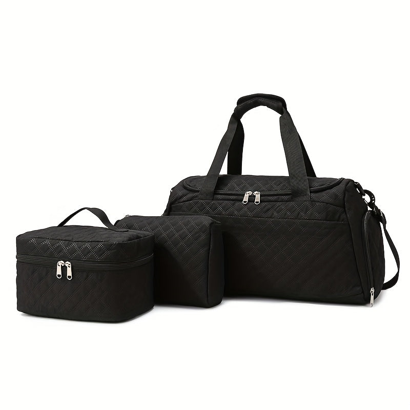Women's Quilted Diamond 3-Piece Bag Set – Large Capacity Nylon Travel Tote, Removable-Strap Handbag & Square Makeup Bag