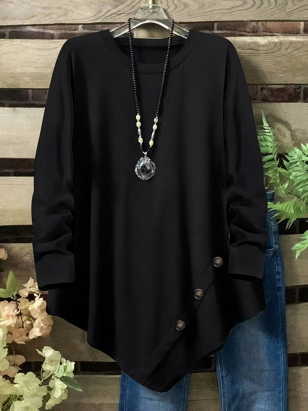 Plus Size Women's Loose Fit Long Sleeve Top with Button Detail, Round Neck & Asymmetrical Hem