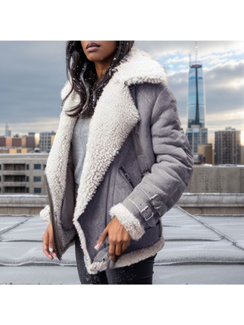 AFTF BASIC Women's PU Leather & Plush Faux Fur Jacket - Motorcycle Biker Coat with Asymmetrical Zipper, Structured Slim-Fit Tailored Longline, Golden-Tone Hardware, All-Season Brown/Black Outerwear (Hand Washable) for Motorcy