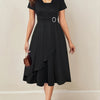 Elegant Rhinestone V-Neck Slim-Fit Asymmetrical Hem Tie-Waist Short-Sleeve Long Evening Dress - Machine Washable Formal Party Gown