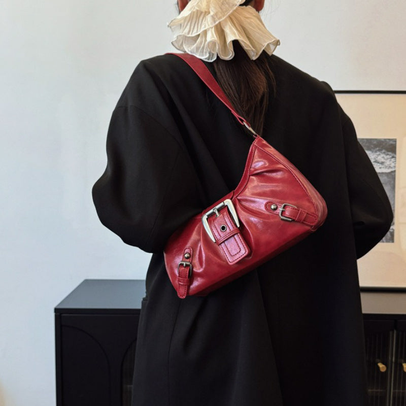 Maillard-Inspired Vintage Wasteland Baguette Shoulder Bag for Women – PU Leather, Metallic Hardware, Zipper Closure, Red/Black