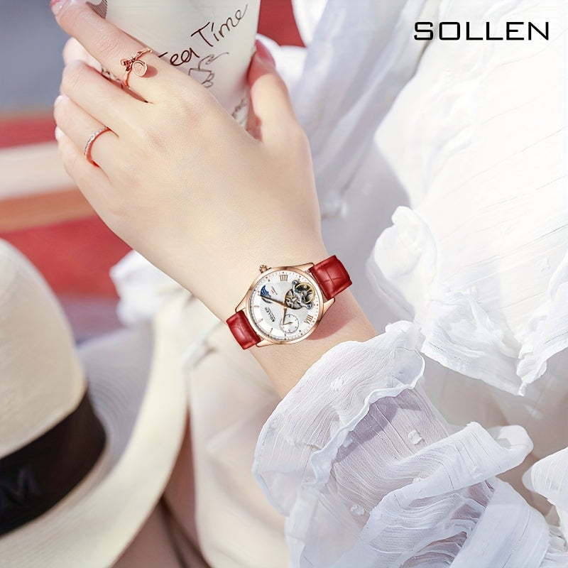 SOLLEN Women's Automatic Mechanical Watch — Luminous Hands, Day-Date & Chronograph, White Dial with Red Markers, Gold-Tone Hands, PU Leather Strap