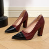Women's Pointed-Toe Chunky Platform Heels 3.74 in (9.5 cm), Glossy Green Black Maroon Red, Non-Slip Rubber Sole Comfortable Block Heel Dress Shoes for Office & Parties