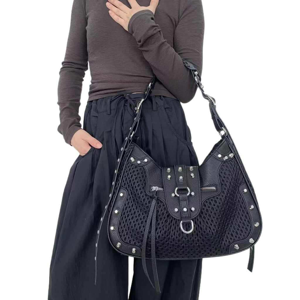 Women's Large Capacity Y2K Retro Mesh Bucket Bag - Adjustable Strap, Multi-Pocket Nylon Crossbody with Gold-Tone Hardware & Zipper Closure