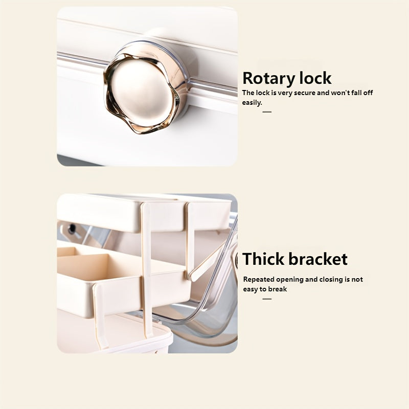 Large Capacity Makeup Organizer Box with Mirror - Multi-Layer Dust-Proof Cosmetic Case with Lock, Beige & White for Travel & Home Storage