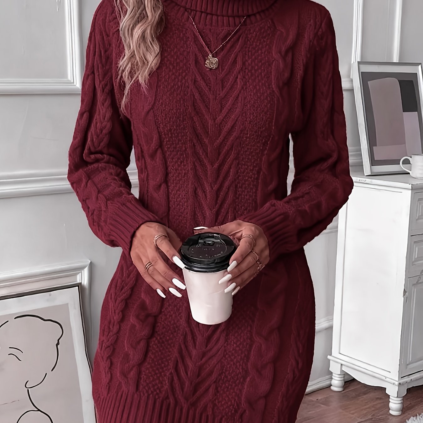 Women's Cable Knit Sweater Dress - High Neck Rib-Knit Long Sleeve Fall/Winter