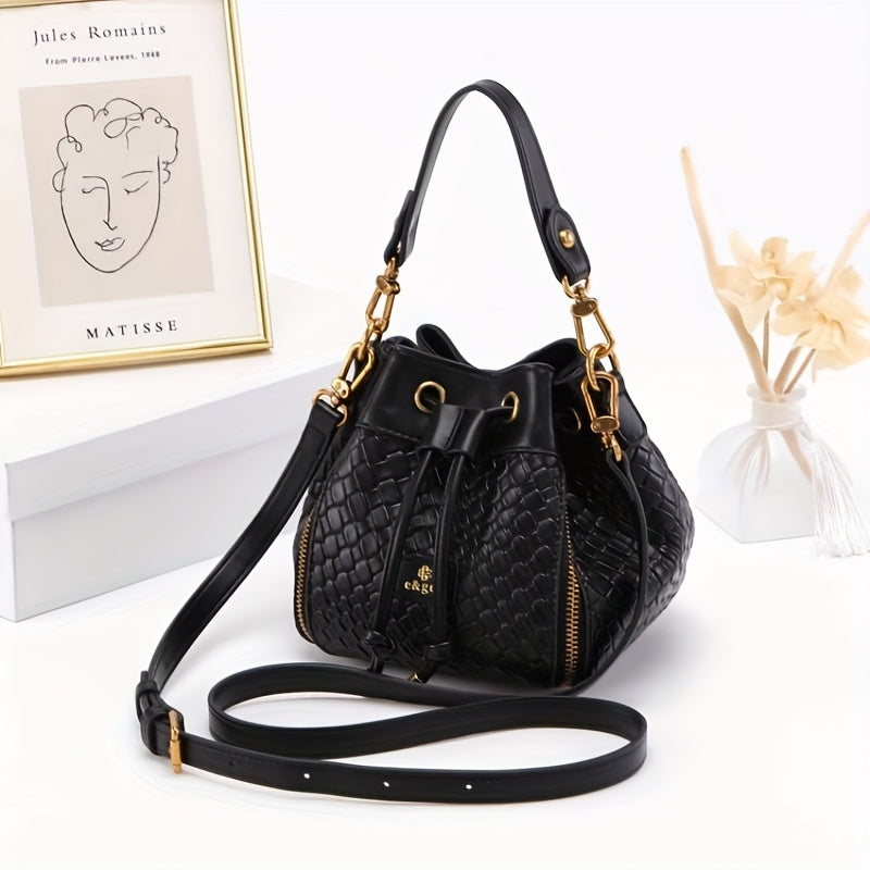 Genuine Leather Crossbody Bucket Bag - Drawstring Purse with Gold-Tone Hardware, Black & White, Elegant Everyday to Formal Handbag
