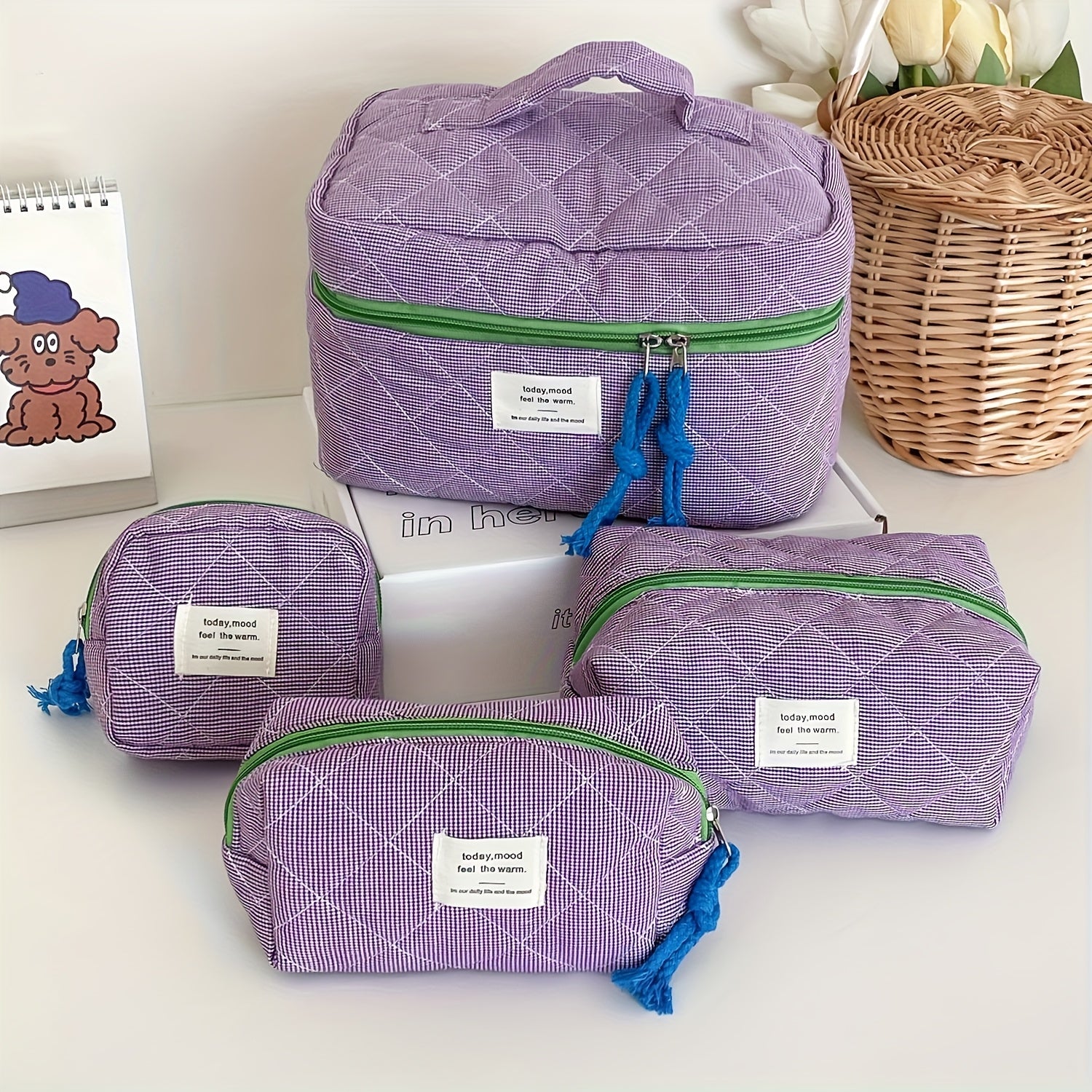 4-Piece Classic Plaid Makeup Bag Set - Minimalist Color-Block Large Capacity Travel Cosmetic Organizers for Women