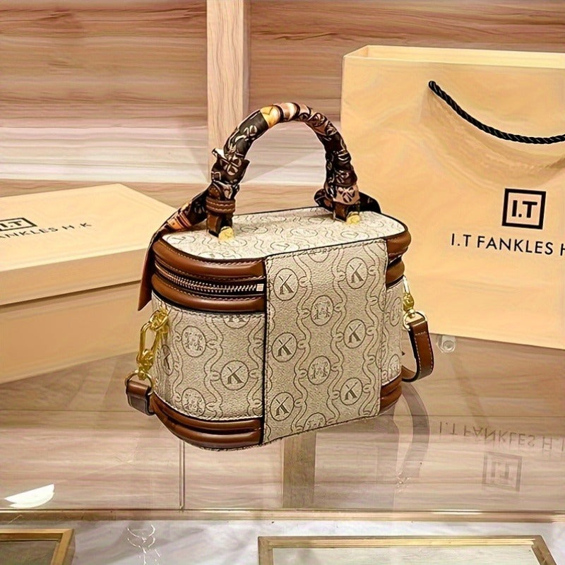 Women's Beige PVC Bucket Handbag with Gold-Tone Hardware, Detachable Chain Accent, Adjustable Crossbody Shoulder Strap, Zipper Tote Purse for Weddings & Parties